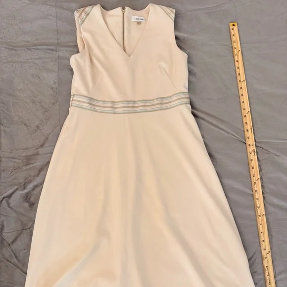 Calvin Klein Cream Fit & Flare V Neck Midi Dress with Striped Accents - Size 10 - Picture 1 of 9